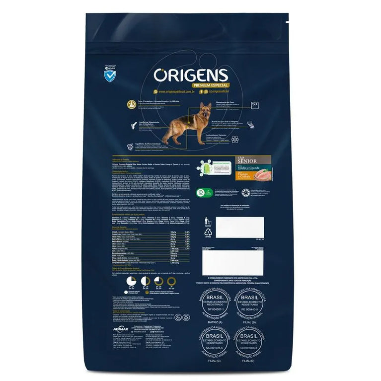 Ração Seca Light Origens Para Cães Sênior de Porte Grande Sabor Frango - 3Kg