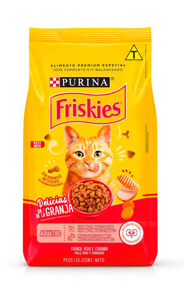 Ração Friskies Delícias da Granja para Gatos Adultos Sabor Frango, Peru e Cenoura