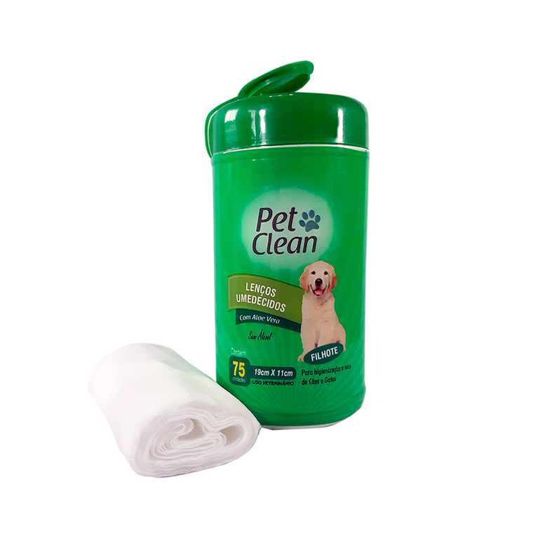 Lenço Umedecido Pet Clean para Cães e Gatos Filhotes 75 Unidades