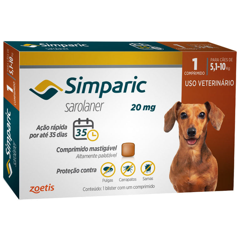 Antipulgas Zoetis Simparic 20 mg para Cães de 5,1 a 10 Kg