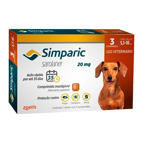 Antipulgas Zoetis Simparic 20 mg para Cães de 5,1 a 10 Kg