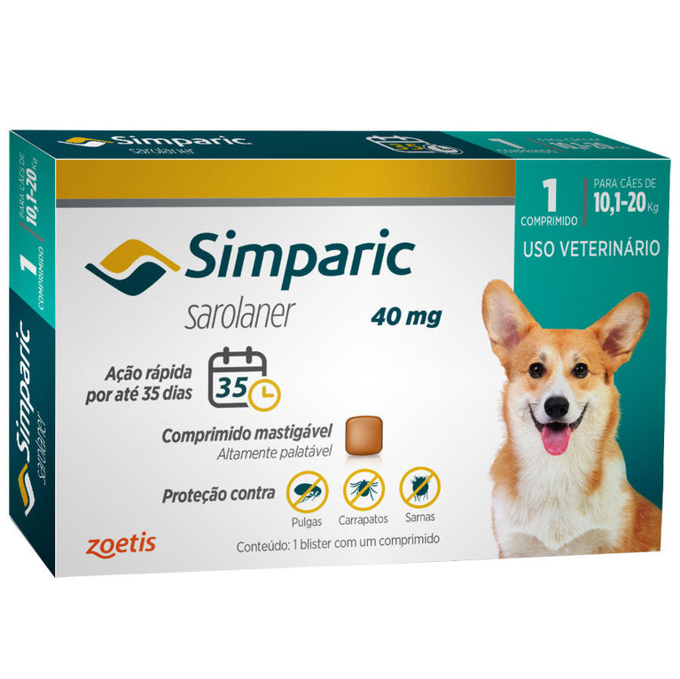 Antipulgas Zoetis Simparic 40 mg para Cães de 10,1 a 20 Kg