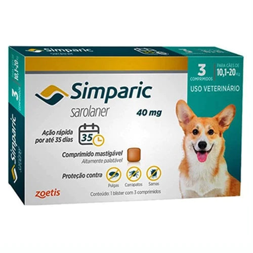 Antipulgas Zoetis Simparic 40 mg para Cães de 10,1 a 20 Kg