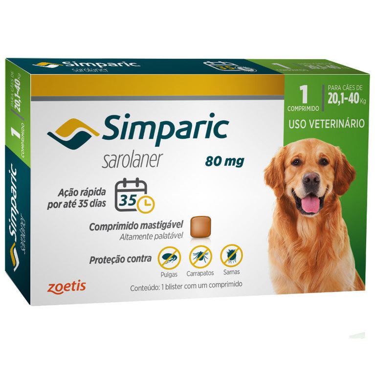 Antipulgas Zoetis Simparic 80 mg para Cães de 20,1 a 40 Kg