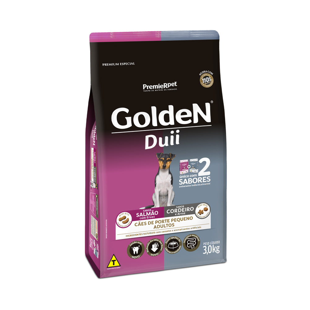 Ração Golden Duii Mini Bits para Cães Adultos de Porte Pequeno Sabor Salmão com Ervas e Cordeiro com Arroz 3 Kg