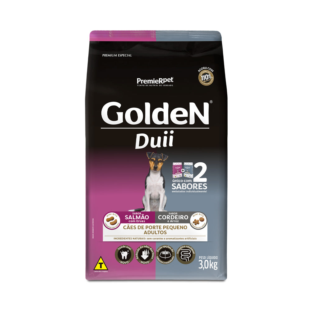 Ração Golden Duii Mini Bits para Cães Adultos de Porte Pequeno Sabor Salmão e Cordeiro