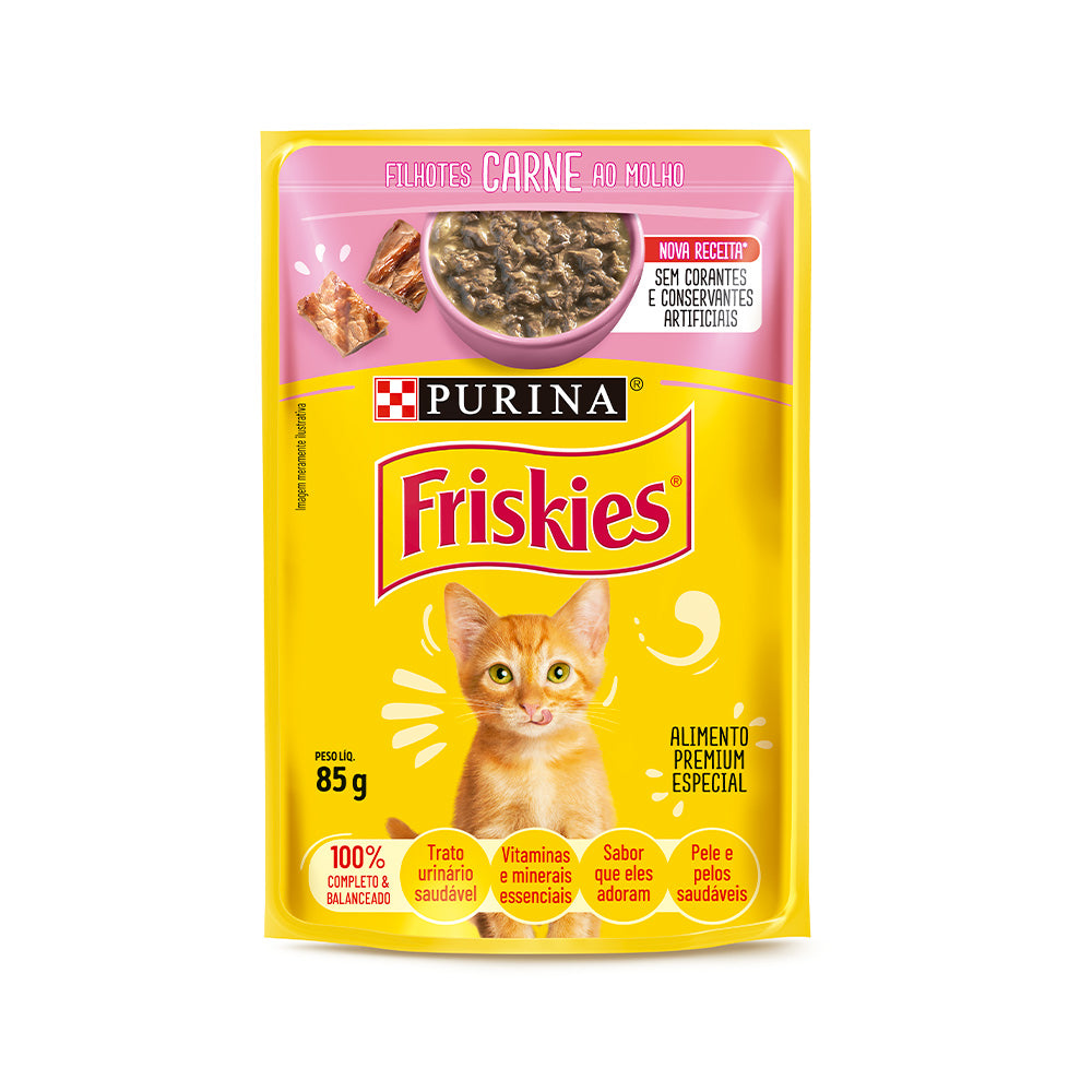 Ração Úmida Nestlé Purina Friskies para Gatos Sabor Carne ao Molho Filhotes Sachê 85 g