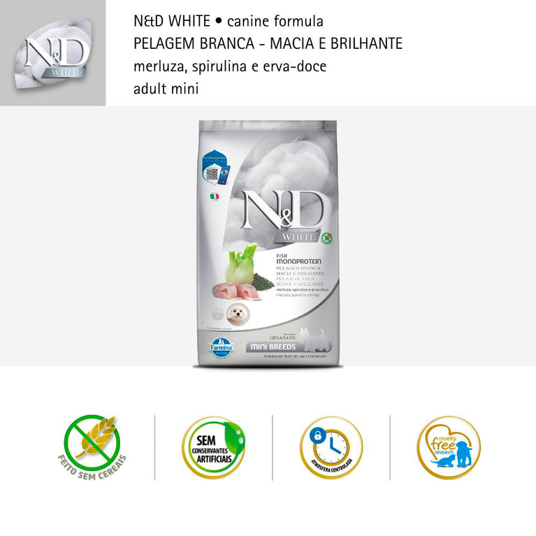 Ração para Cães Farmina ND White Adultos de Porte Mini Sabor Merluza, Spirulina e Erva Doce