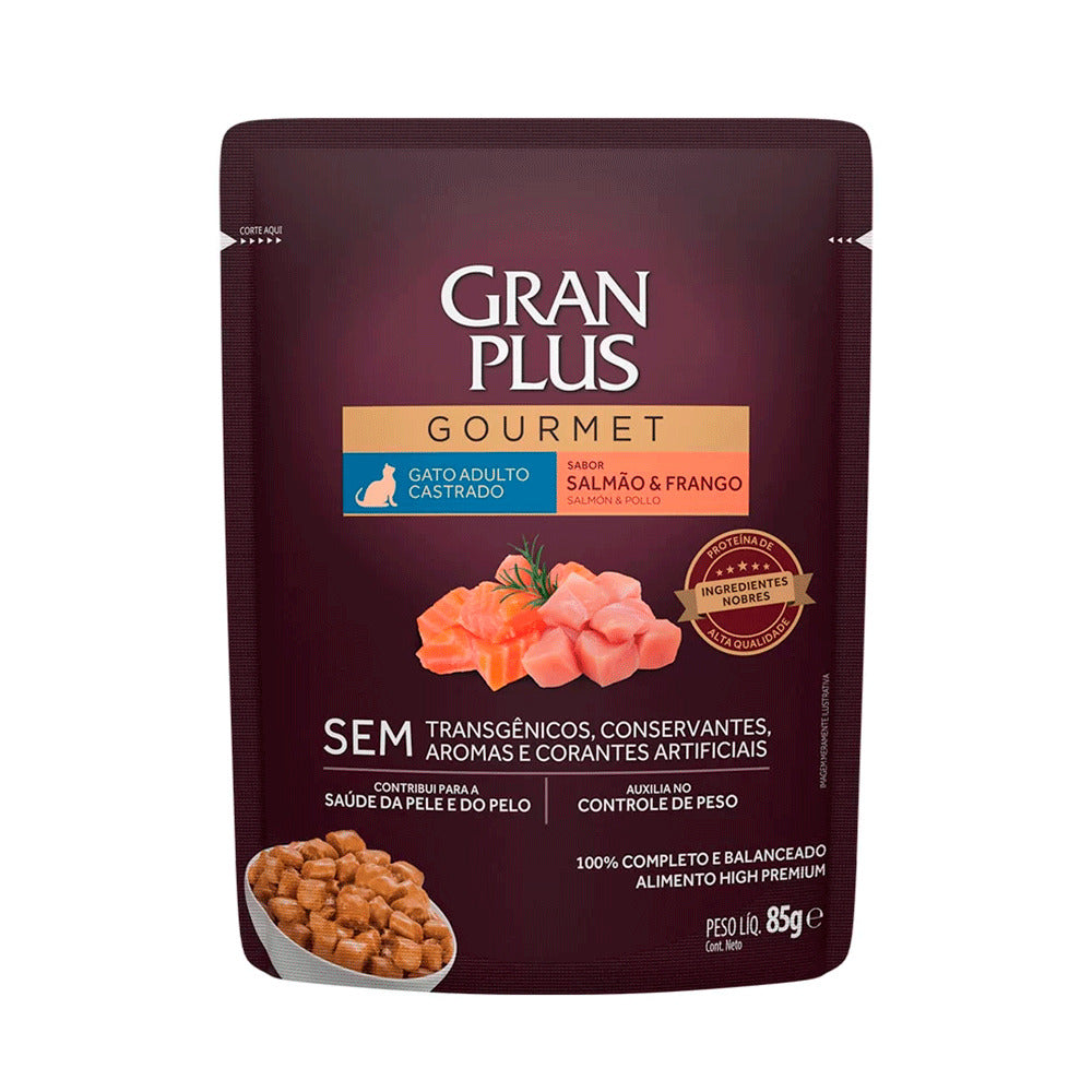 Ração Úmida GranPlus Gourmet Gatos Castrados Salmão e Frango Sachê 85 g