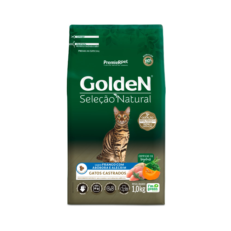 Ração Golden Seleção Natural para Gatos Adultos Castrados Sabor Frango e Abóbora