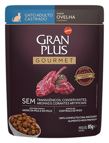 Ração Úmida GranPlus Gourmet para Gatos Castrados Sabor Ovelha Sachê 85 g