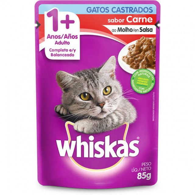 Ração Úmida Whiskas para Gatos Adultos Castrados Sabor Carne ao Molho Sachê 85 g