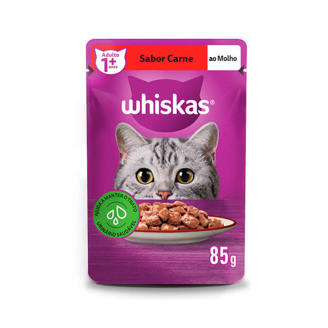 Ração Úmida Whiskas para Gatos Adultos Sabor Carne ao Molho Sachê 85 g