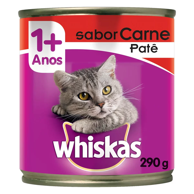 Ração Úmida Whiskas para Gatos Adultos Sabor Patê de Carne Lata 290 g