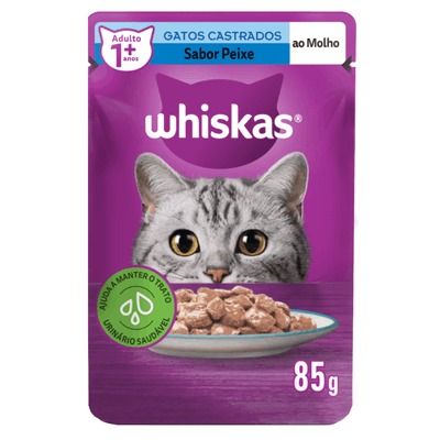 Ração Úmida Whiskas para Gatos Adultos Castrados Sabor Peixe ao Molho Sachê 85 g