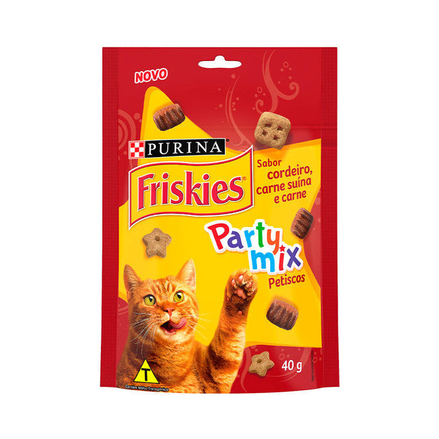 Petisco Nestlé Purina Friskies Party Mix para Gatos Adultos Sabor Cordeiro, Carne Suína e Carne 40 g