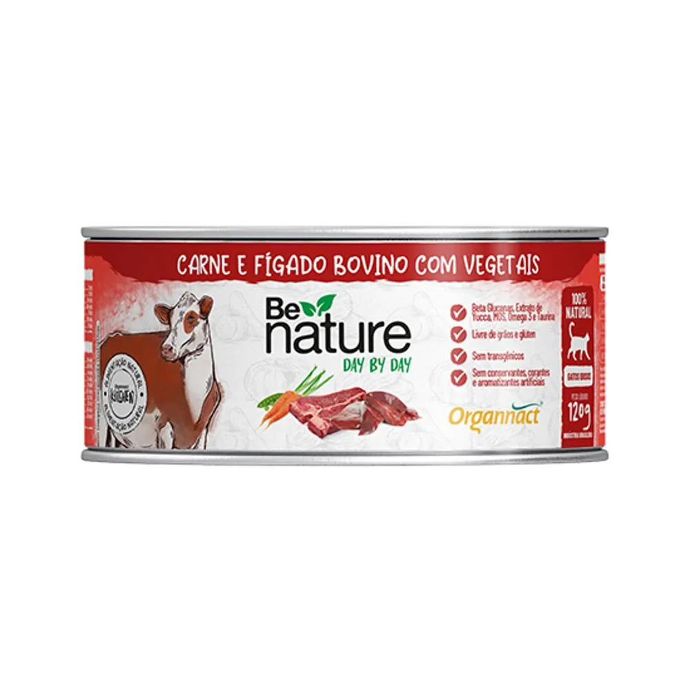 Alimento Natural Úmido Organnact Be Nature Day By Day para Gatos Idosos Sabor Carne e Fígado Bovino com Vegetais 120 g