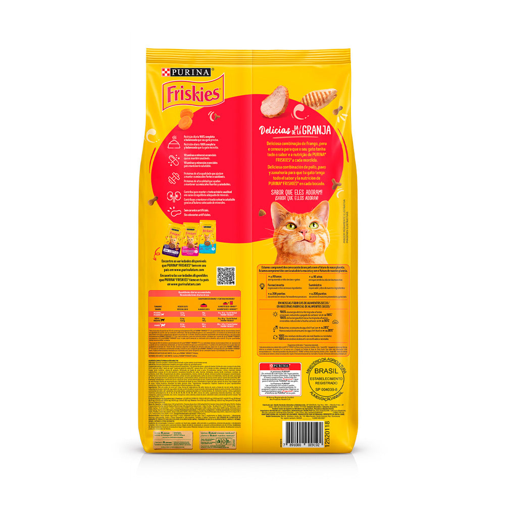 Ração Friskies Delícias da Granja para Gatos Adultos Sabor Frango, Peru e Cenoura