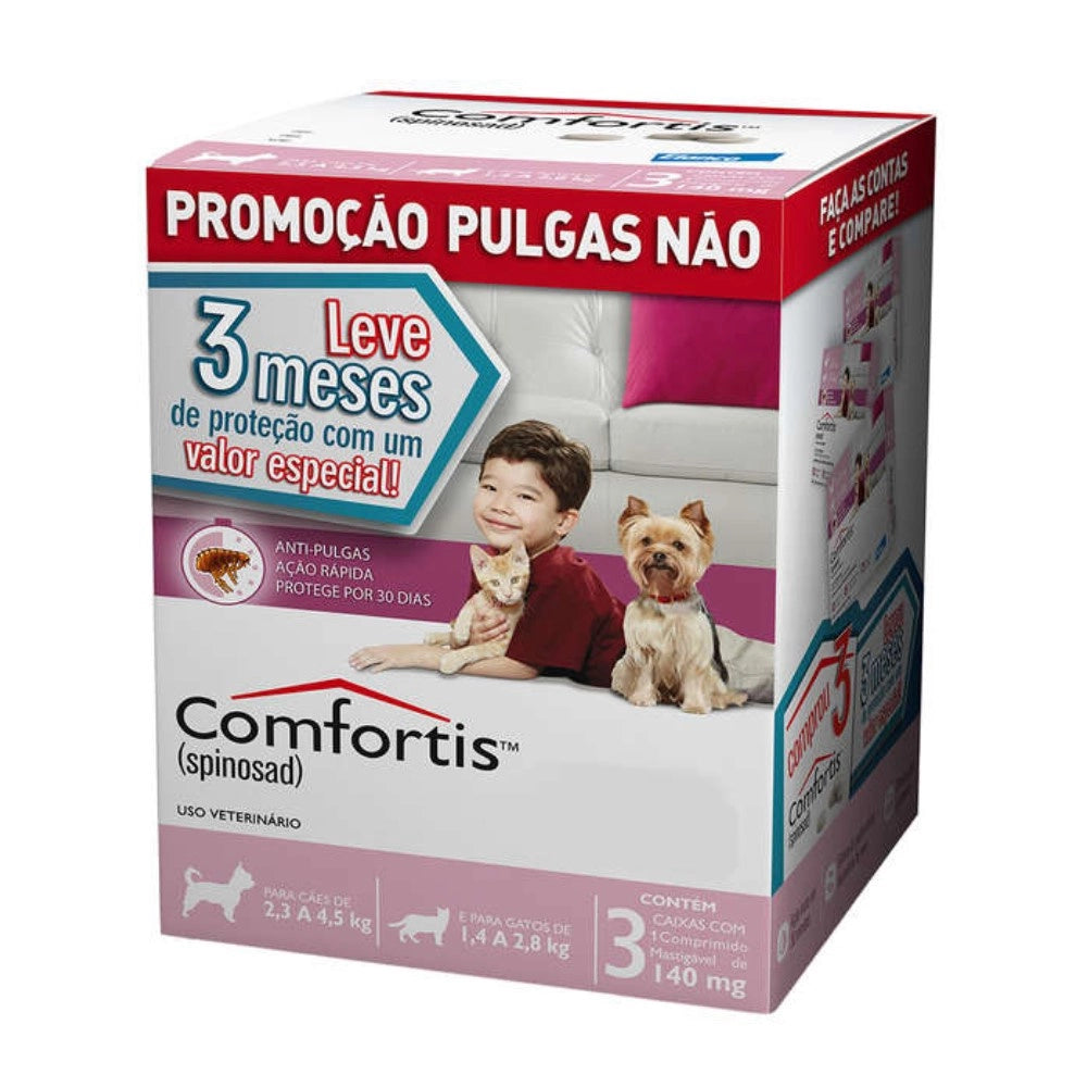 Combo Antipulgas Comfortis Elanco 140 mg para Cães de 2,3 Kg a 4,5 Kg e Gatos de 1,4 Kg a 2,8 Kg 3 Comprimidos