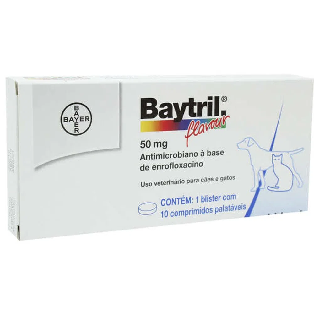 Antibiótico Flavour Bayer Baytril para Cães e Gatos 50 mg 10 Comprimidos