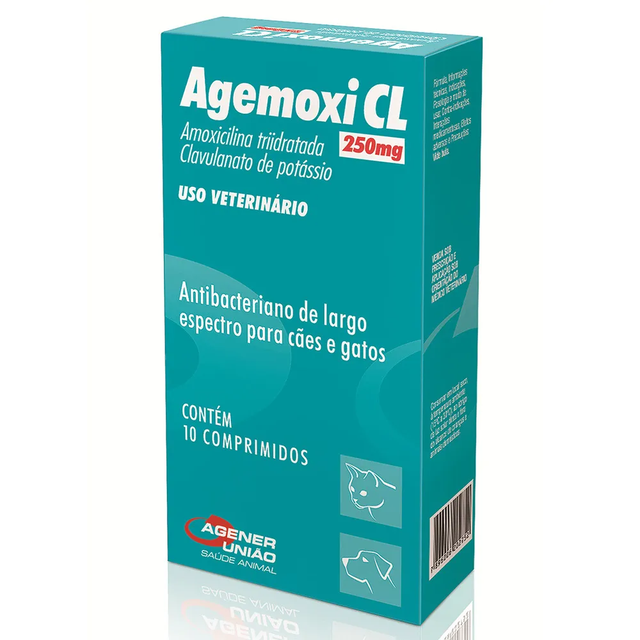 Antibiótico Agemoxi CL Agener para Cães e Gatos 250 mg 10 Comprimidos