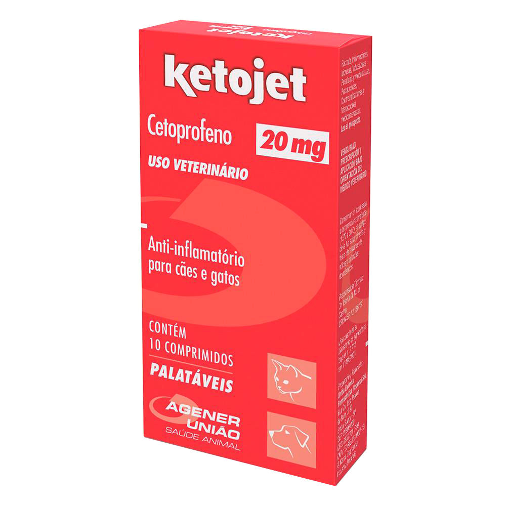 Anti-inflamatório Ketojet Agener União para Cães e Gatos 20 mg 10 Comprimidos