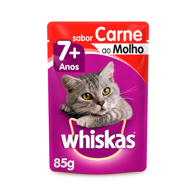 Ração Úmida Whiskas para Gatos Adultos Sênior 7+ Anos Sabor Carne ao Molho Sachê 85 g