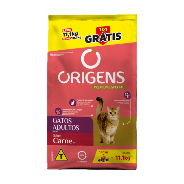 Ração Origens para Gatos Adultos Carne Leve 11,1 Kg Pague 10,1 Kg