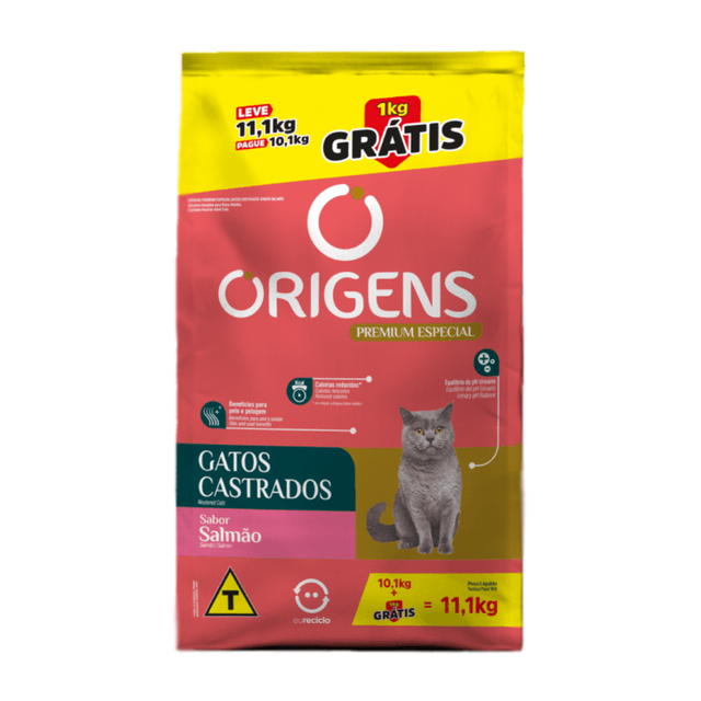 Ração Origens para Gatos Castrados Salmão Leve 11,1 Kg Pague 10,1 Kg