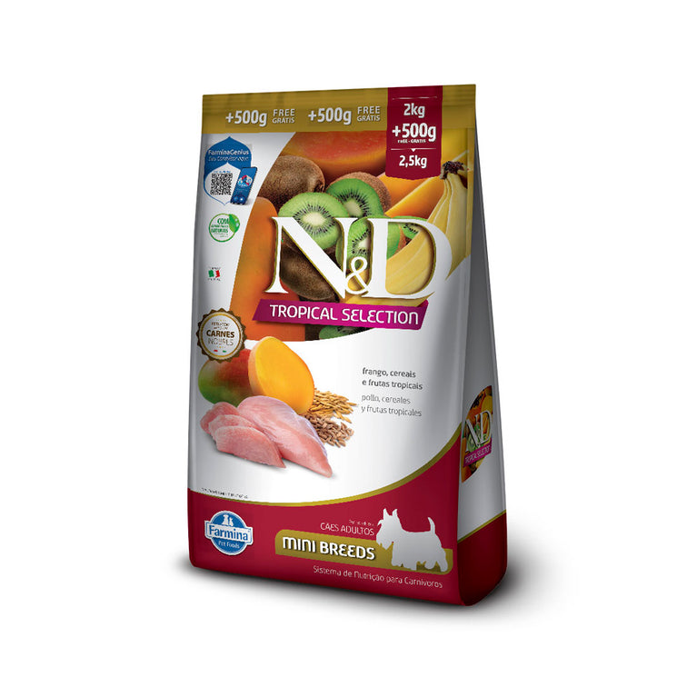 Ração para Cães Farmina N&D Tropical Selection Adultos de Porte Mini e Pequeno Sabor Frango, Cereais e Frutas 2 Kg + 500