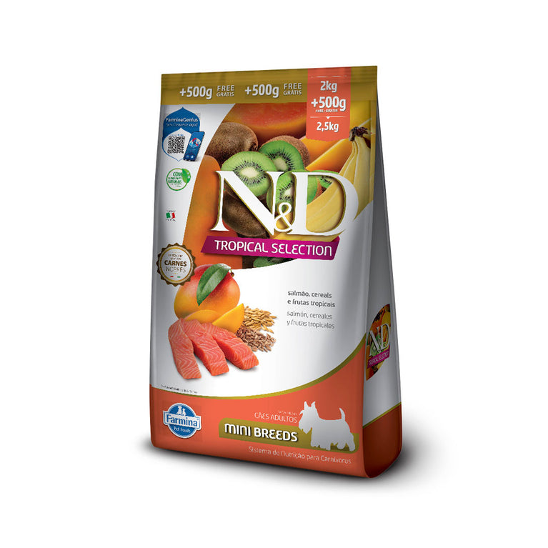 Ração para Cães Farmina N&D Tropical Selection Adultos de Porte Mini Sabor Salmão, Cereais e Frutas Tropicais 2 Kg + 500