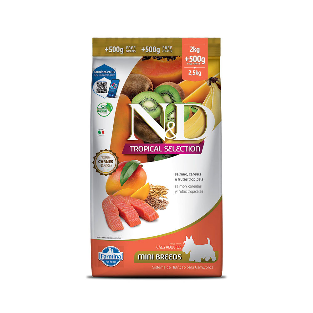 Ração para Cães Farmina N&D Tropical Selection Adultos de Porte Mini Sabor Salmão, Cereais e Frutas Tropicais 2 Kg + 500