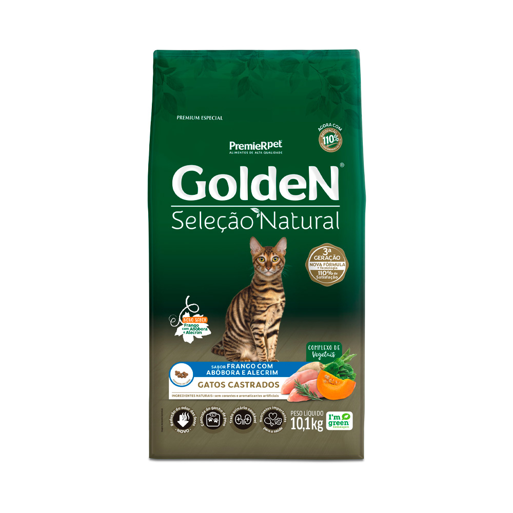 Ração Golden Seleção Natural para Gatos Adultos Castrados Sabor Frango e Abóbora