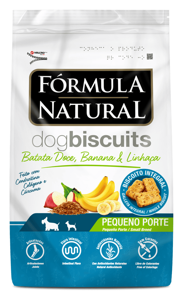 Biscoito Fórmula Natural Dog Biscuits para Cães Adultos Raças Pequenas Sabor Batata Doce, Banana e Linhaça 250 g