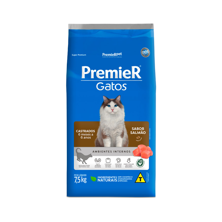 Ração PremieR para Gatos Castrados de 6 meses a 6 anos Sabor Salmão