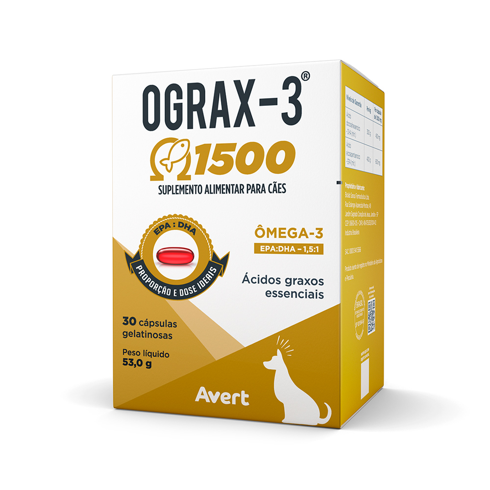 Suplemento Avert Ograx-3 para Cães e Gatos 1500 mg 30 Cápsulas