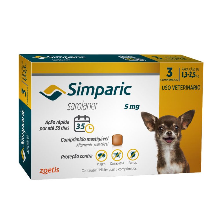 Antipulgas Zoetis Simparic 5 mg para Cães 1,3 a 2,5 Kg 3 Comprimidos