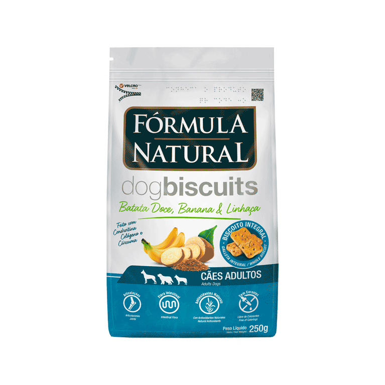 Biscoito Fórmula Natural Dog Biscuits para Cães Adultos Sabor Batata Doce, Banana e Linhaça 250 g