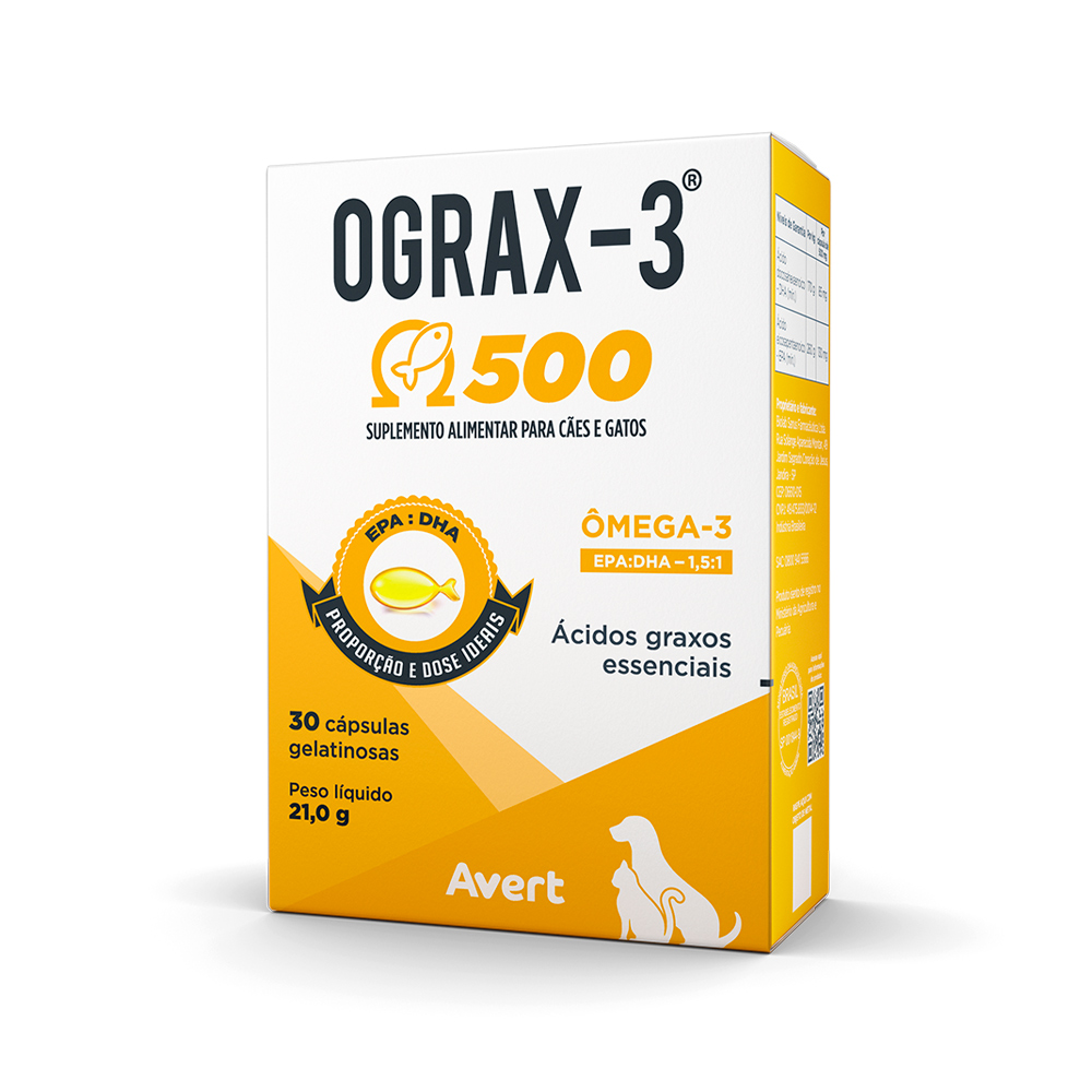 Suplemento Avert Ograx-3 para Cães e Gatos 500 mg 30 Cápsulas