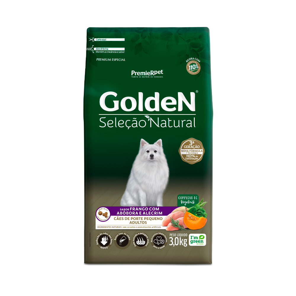 Ração Golden Seleção Natural Mini Bits para Cães Adultos de Porte Pequeno Sabor Frango com Abóbora e Alecrim