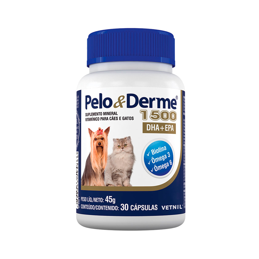 Suplemento Pelo e Derme 1500mg DHA+EPA Vetnil para Cães e Gatos