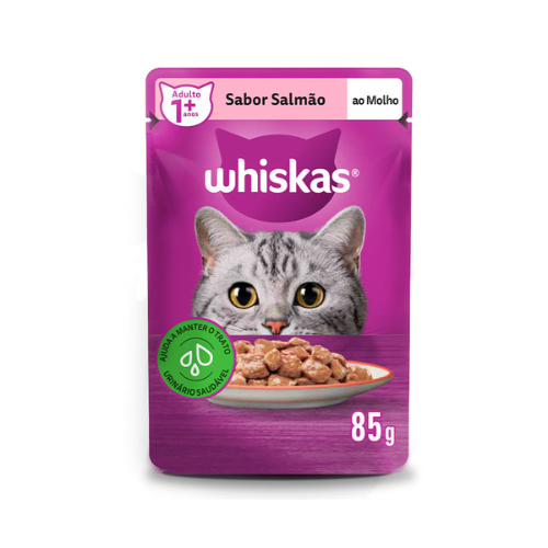 Ração Úmida Whiskas para Gatos Adultos Sabor Salmão ao Molho Sachê 85 g