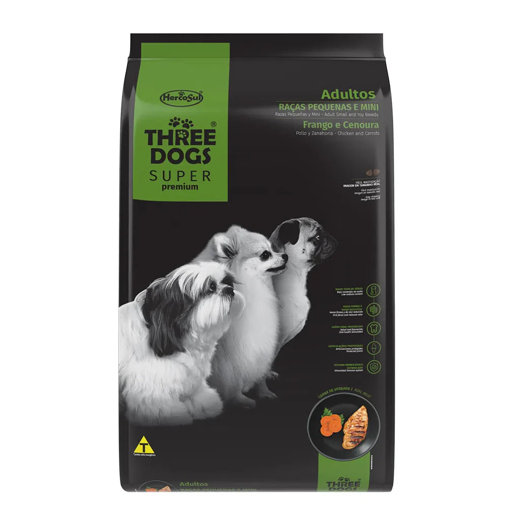Ração Three Dog Super Premium para Cães Adultos Pequenos e Mini Sabor Frango e Cenoura