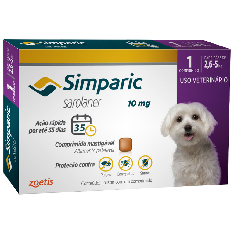 Antipulgas Zoetis Simparic 10 mg para Cães de 2,6 a 5 Kg