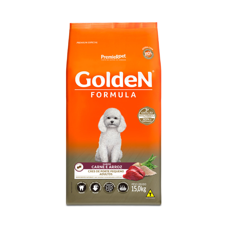 Ração Golden Fórmula Mini Bits para Cães Adultos de Porte Pequeno Sabor Carne e Arroz