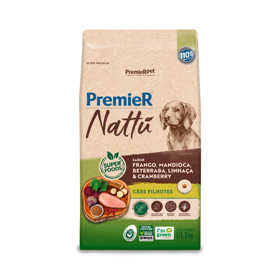 Ração Premier Nattu para Cães Filhotes Sabor Frango, Mandioca, Beterraba, Linhaça e Cranberry