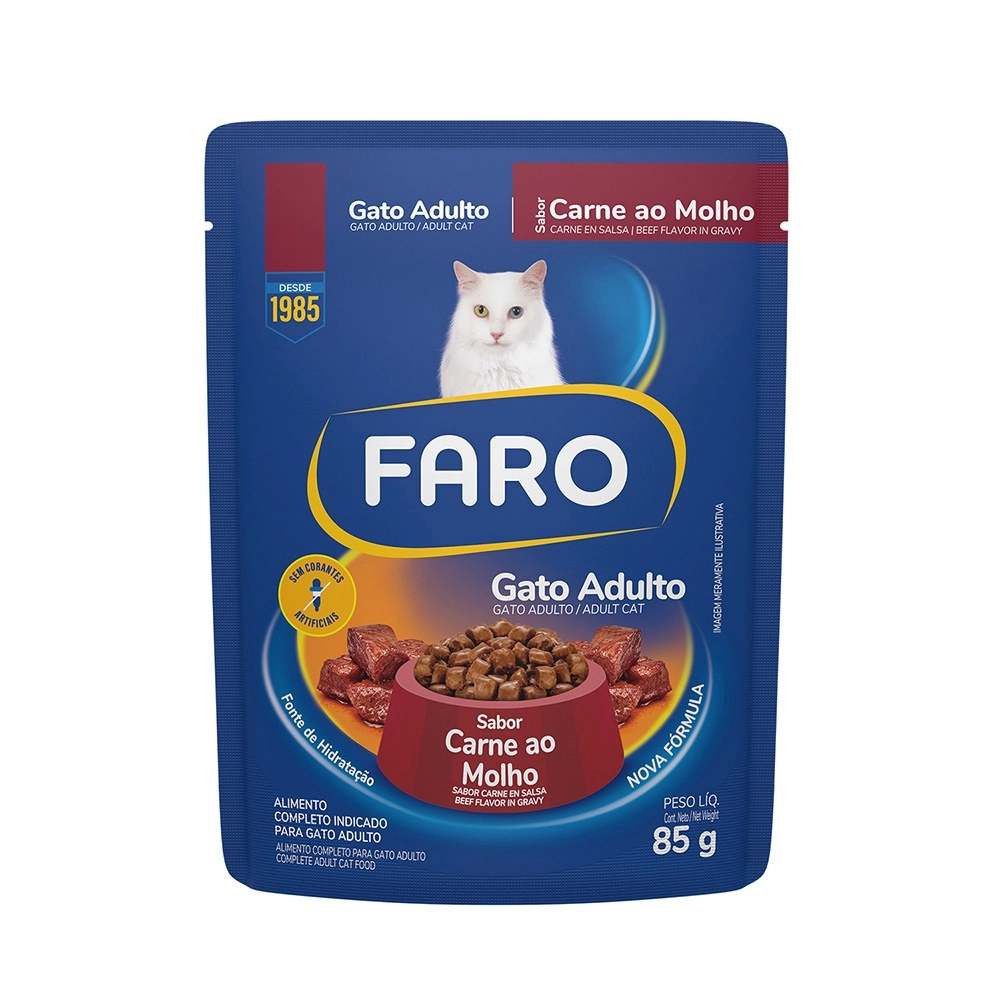 Ração Úmida Faro para Gatos Adultos Sabor Carne Sachê 85 g