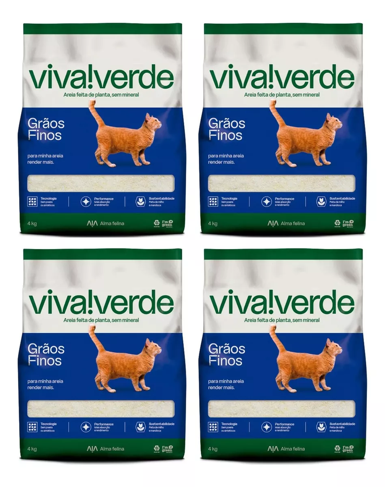 Kit 4 unidades Areia Higiênica para Gatos Viva Verde Grãos Finos 4 Kg