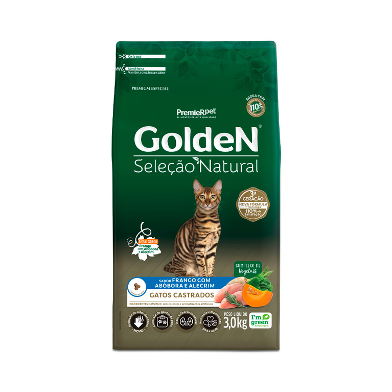 Ração Golden Seleção Natural para Gatos Adultos Castrados Sabor Frango e Abóbora