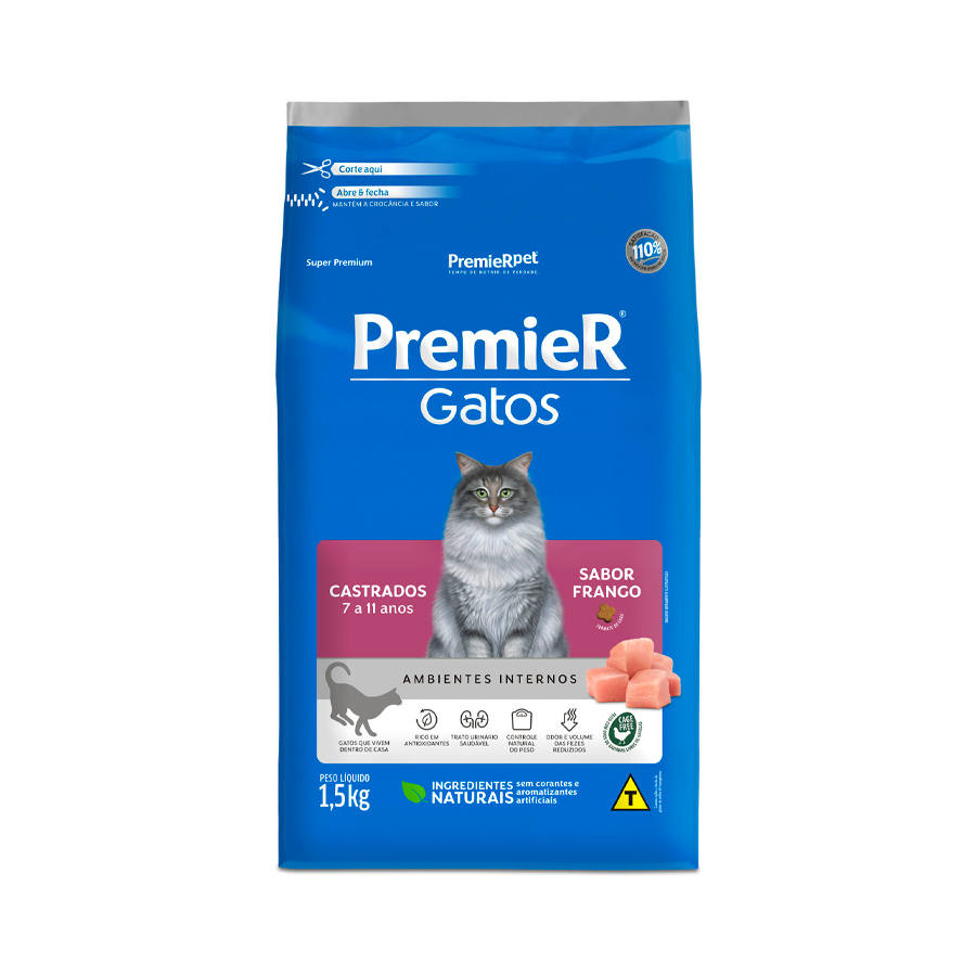 Ração PremieR Ambientes Internos para Gatos Castrados de 7 a 11 Anos Sabor Frango 1,5 Kg